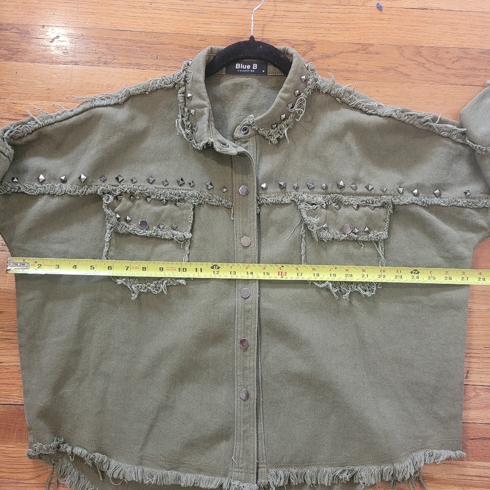 Blue B Collection Studded Army Green Jacket Midweight Cotton Military Distressed - Picture 11 of 11